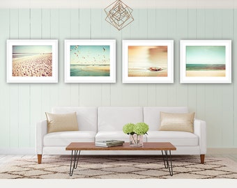 Coastal Wall Art Set of Four Prints - Beach Art Set, 4 Piece Wall Art Groupings, Gallery Wall Set, Mint Green Print, Above Couch Wall Decor