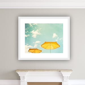 Beach Umbrella Print turquoise yellow mint green teal light seashore photography sky coastal wall art, 8x10, 11x14 Photograph, Sunny Day image 1