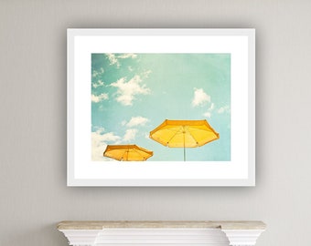 Beach Umbrella Print - turquoise yellow mint green teal light seashore photography sky coastal wall art, 8x10, 11x14 Photograph, "Sunny Day"