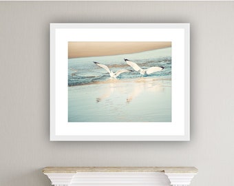 Seagull Print - Shore Bird Photography, Beach Artwork, Modern Art Prints Coastal Decor Beach House, Light Blue Prints, Ocean Beige, White