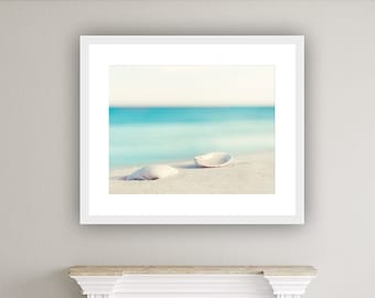 Seashell Photography - beach ocean photo aqua blue white sea shell print coastal seashore wall art beach bathroom wall decor, "Serenity"