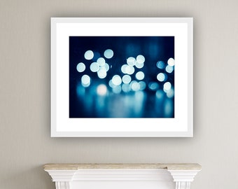 Blue Photography, lights picture navy bokeh dark blue print sparkle wall art sparkly abstract circles photo white, "Illuminating the Night"