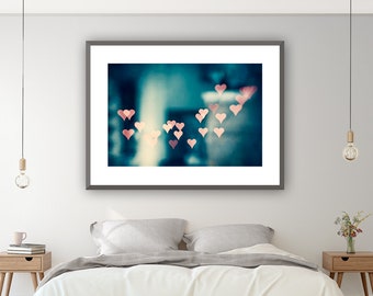 Above Bed Art Heart Print - Love Decor, Large Abstract Art, Master Bedroom Decor, Dark Teal Artwork, Turquoise Wall Art, Pink