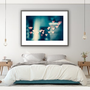 Above Bed Art Heart Print - Love Decor, Large Abstract Art, Master Bedroom Decor, Dark Teal Artwork, Turquoise Wall Art, Pink