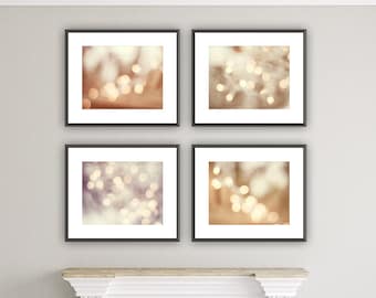 Gallery Wall Art Set of Four Prints, Abstract Art Set, 4 Piece Wall Art, Sparkly Teen Girl Room Decor, Sparkle Lights Photography, Beige