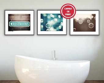 Bathroom Wall Art, Powder Room Wall Decor, Trendy Teal and Brown Bubble Photography Prints, Laundry Room Wall Art, (Set of 3)