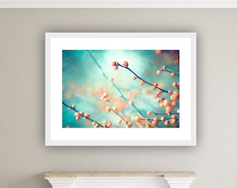 Nature Photography - teal blue turquoise peach orange berry print mint green branches art - 8x12, 12x18, 16x24 Photograph, "Visions of Mine"
