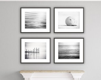 Black and White Photography Set - Four Coastal Photographs 4 - beach ocean photo set grey gray light sea seashore wall prints modern artwork