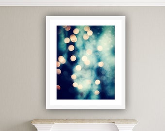 Bokeh Photography - dark navy blue gold lights sparkly beige sparkle wall print black circle cream, 8x10 Photograph, "Let Your Light Shine"