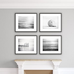 Black and White Photography Set - Four Coastal Photographs 4 - beach ocean photo set grey gray light sea seashore wall prints modern artwork