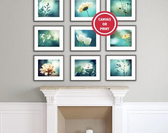 Teal Flower Photography - Aqua Turquoise Botanical Gallery Wall Art  (Set of 9)
