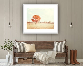 Autumn Artwork, Rustic Country Home Decor - Landscape Photography Nature, Tree Print, Farmhouse Art Work, Orange Wall Art, Fall Home Decor