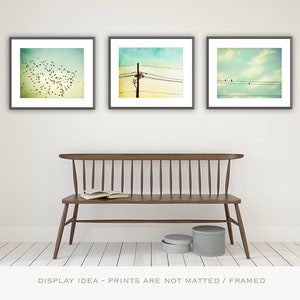 Set of Three Wall Art - Bird Prints Set, Entryway Decor, Mint Green Print, Yellow Home Decor