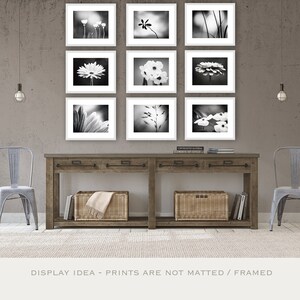 May include: Nine framed black and white floral prints arranged in a grid above a wooden console table. The table has two drawers, two wicker baskets, and two metal chairs. The room has a neutral color palette.