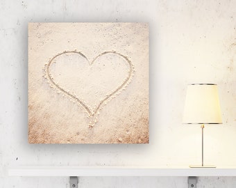 Heart Print Beach Canvas Wall Art - Love Decor, Sand Art, Coastal Cottage Decor, Nursery Prints, Bedroom Decor Teen, Romantic Wall Art