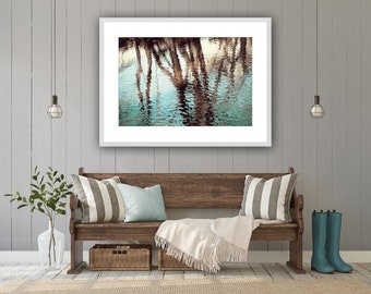 Tree Reflection Photography, Water Nature Print Brown Blue Photograph, Aqua Teal Wall Decor Trees Ripples Reflections, "A Moment to Reflect"