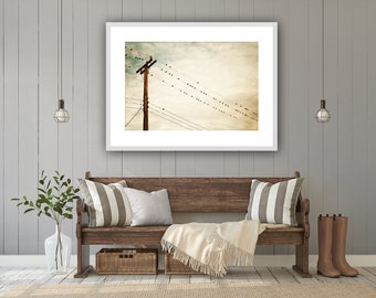 Modern Farmhouse Prints - Country Artwork, Birds on a Wire Print, Neutral Wall Art in Beige, Tan