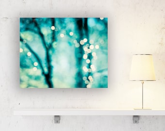 Teal Abstract Canvas Photography - bokeh lights aqua turquoise sparkle sparkly gallery wrapped canvas print modern canvas wrap, "Twinkle"