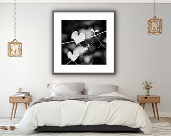 Master Bedroom Decor - Heart Print, Love Decor, Black and White Nature Photography, Large Botanical Wall Art