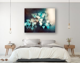 Teal Artwork Heart Print Large Canvas - Love Picture Abstract, Master Bedroom Decor, Teen Girl Wall Art, Romantic Gifts, Black, Brown