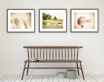 Farmhouse Photography, Country Artwork - Set of Three Wall Art, Modern Rustic Decor, Picture Sets of 3, Farm Art Print, Beige Green Brown
