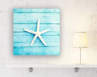 Starfish Wall Decor Canvas Prints - Aqua Wall Art, Beach Artwork, Seashell Print, Coastal Bathroom Decor, Sea Shell Art, Blue Seaside Photo