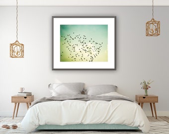 Above Bed Art - Bird Photography, Mint Wall Art, Large Nature Prints, Yellow Art, Master Bedroom Decor, Birds Flying Photo