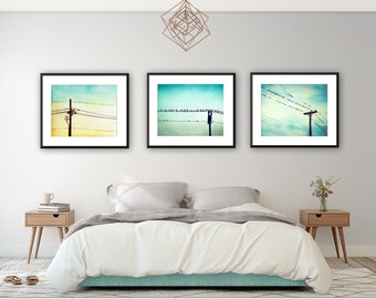 Teal Artwork Set of Three Wall Art - Birds on a Wire Print, Above Bed Art, Gallery Wall Decor