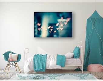 Teen Girl Wall Art Canvas, Girl Nursery Teal Artwork, Pink Heart Print, Bedroom Decor, Love Picture, Abstract Photography, Turquoise Art