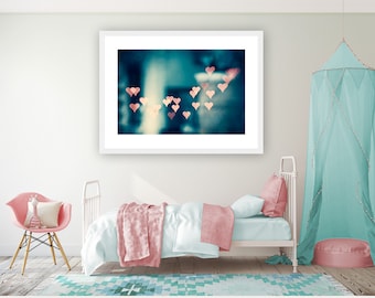 Girl's Room Decor, Teen Girl Bedroom Wall Art, Love Hearts Abstract Photography, Turquoise Pink Teal Aqua