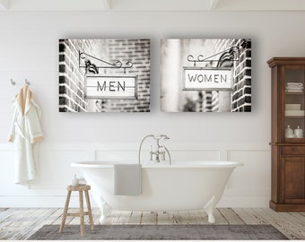 Farmhouse Bathroom Wall Decor, Rustic Canvas Wall Art - Powder Room Decor, Bath Pictures, Black and White Print Set of 2, Country Decor