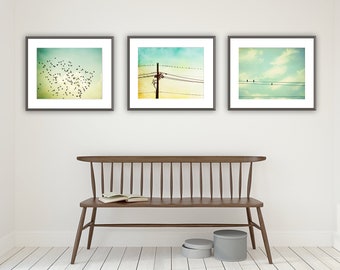 Set of Three Wall Art - Bird Prints Set, Entryway Decor, Mint Green Print, Yellow Home Decor