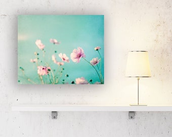 Flower Art Canvas - Pink and Blue Nature Print, Floral Nursery Decor for Girl, Shabby Chic Wall Art, Pastel Fine Art Photography in Teal