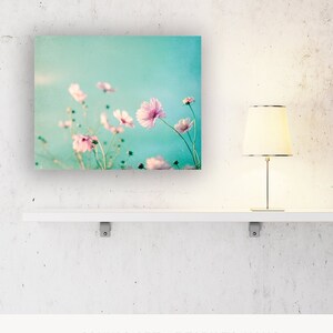 Flower Art Canvas - Pink and Blue Nature Print, Floral Nursery Decor for Girl, Shabby Chic Wall Art, Pastel Fine Art Photography in Teal