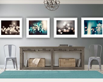 Sparkle Photography Set, bokeh abstract dark brown teal aqua turquoise blue grey gray pink peach hearts sparkly photo circle wall art prints