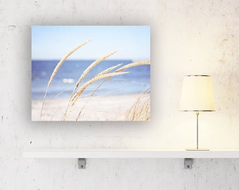 Beach Grass Canvas, beach photography blue cream beige grasses ocean sea white cream nature seashore canvas wrap coastal wall art photograph