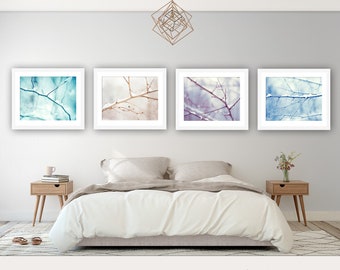 Gallery Wall Art Set of Four Prints, Winter Photography Nature, Snow Photo, Modern Christmas Decor, 4 Piece Wall Art Pastel Bedroom Pictures