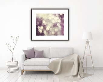 Large Abstract Art, Modern Home Decor, Photography Prints, Teen Girl Room Decor Purple Wall Art Sparkly Plum Gold Beige Cream Sparkle Lights