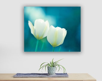 Teal Artwork Tulip Print Art Canvas - Aqua Wall Art, Flower Photography, Turquoise Wall Art, Blue Nature Print, White Floral Print