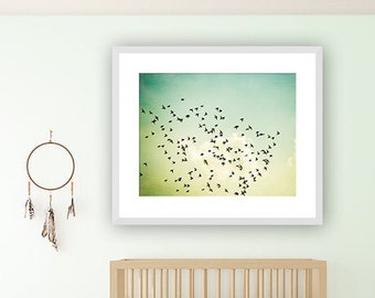 Mint Nursery Decor, Yellow Over the Crib Decor - Bird Photography, Mint Green Print, Babys Room Artwork, Kids Room Art, Light Turquoise