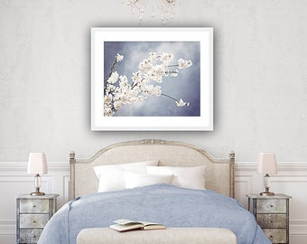 Floral Photography light steel blue white nursery grey gray branch spring wall print flower blossom nature photograph, "Autograph of Angels"