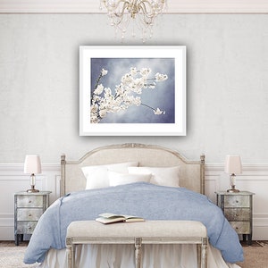 Floral Photography light steel blue white nursery grey gray branch spring wall print flower blossom nature photograph, Autograph of Angels image 1