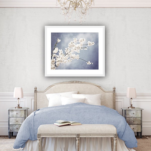 Floral Photography light steel blue white nursery grey gray branch spring wall print flower blossom nature photograph, "Autograph of Angels"