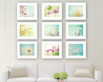 Pastel Photo Set - 9 Photographs - nine flower photography spring floral branch print set pale mint green blue yellow pink nature wall art