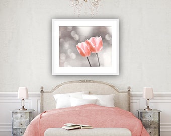 Peach Grey Photography - peach nursery wall decor, light peach silver flower art, coral floral artwork, pastel nature pale picture, "Purity"