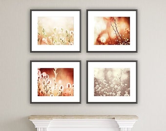 Rustic Nature Photography Set, rust beige brown cream red light botanical wall print set pale colorful branches photographs country chic