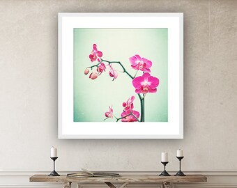 Orchid Photography - Large Nature Prints, Flower Art, Mint and Pink Botanical Photo, Girl Nursery Decor