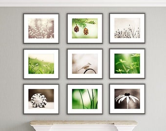 Green Brown Print Set - beige cream nature photographs set of 9 nine modern gallery wall art colorful photos botanical photography fine art