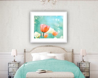 Flower Photography - tulips peach mint print spring orange aqua blue nature floral coral cream pastel wall photograph, "Garden of Dreams"