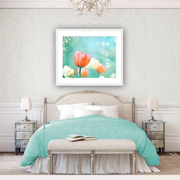 Flower Photography - tulips peach mint print spring orange aqua blue nature floral coral cream pastel wall photograph, "Garden of Dreams"